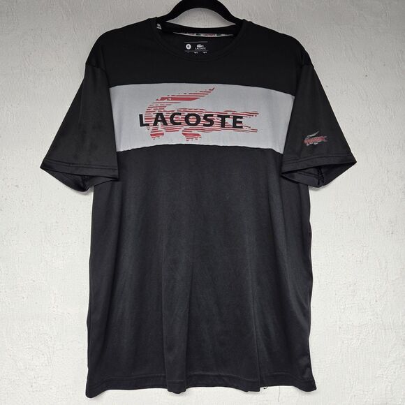 Lacoste Black Graphic Shirt Mens XL Luxury Casual Designer Colorblocking Wicking - Picture 1 of 6